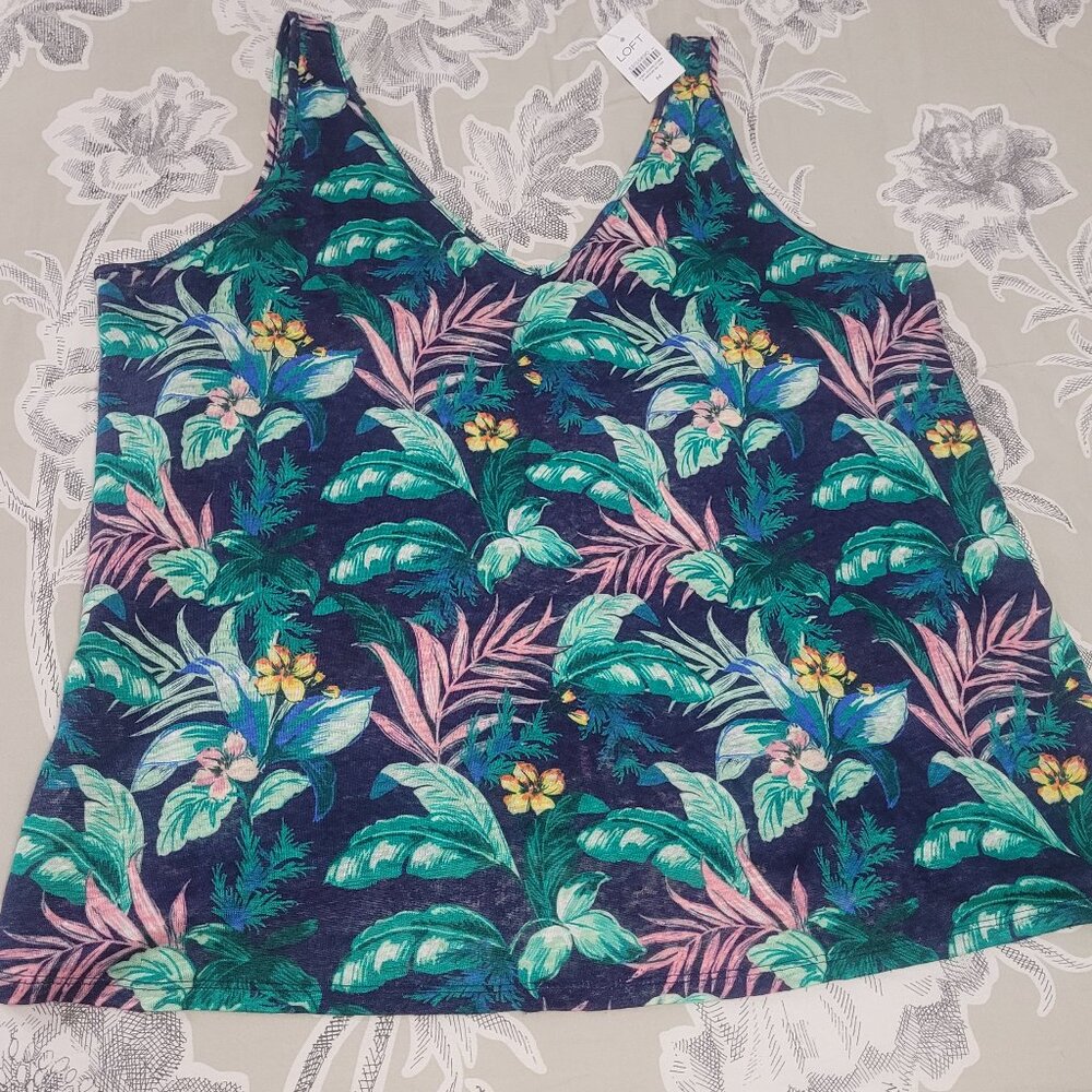 Loft 100% Linen Navy Floral V Neck/V Back Tank Shirt Size Medium NWT